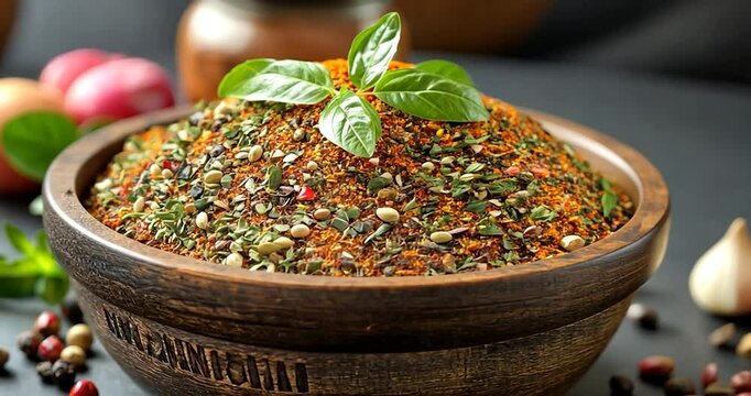 Aromatic spice blend in a wooden bowl, garnished with fresh basil leaves.
