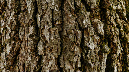 Textured oak tree bark adorned with vibrant moss