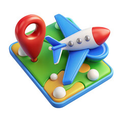 3d airplane and location pin on map isolated on transparent background