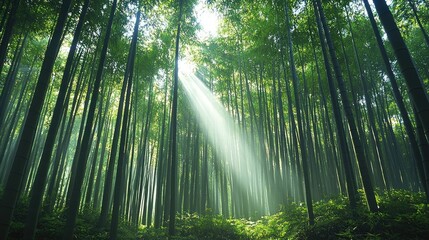 Fototapeta premium Sunbeams Illuminating a Serene Bamboo Forest