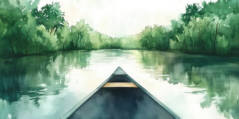 A canoe is in the water with trees in the background