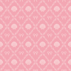 Vector seamless pattern of pink vintage bows and pearl oyster decorated with coral, ribbons and seashells hand drawn background illustration.