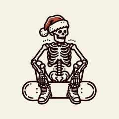 Obraz premium Skeleton wear santa hat Snowboarding. Christmas Xmas Holiday Winter New Year Claus Clipart Line Art Vector Illustration. Bony figure in headwear going downhill on a board activity.