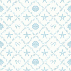 Vector seamless pattern of blue vintage bows and seashells decorated with coral, hand drawn background illustration.