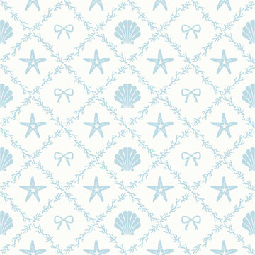 Vector seamless pattern of blue vintage bows and seashells decorated with coral, hand drawn background illustration.