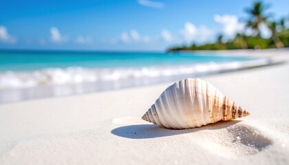 Seashell on Sandy Beach Tropical Paradise with Turquoise Water  Summer Relaxation.