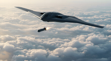 Stealth bomber launching missile breathtaking aerial view powerful military might