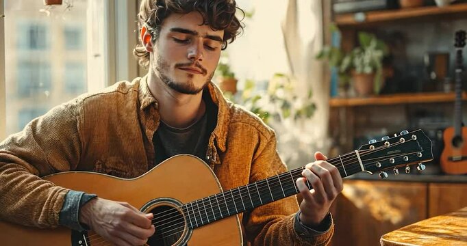 Young man playing acoustic guitar indoors, sunlight streaming through window.