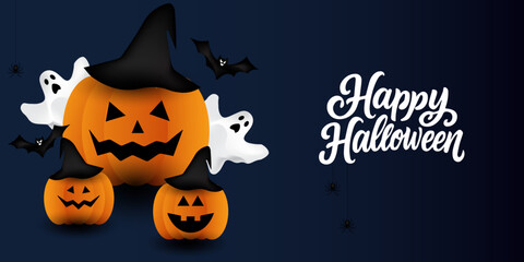 Happy Halloween poster, cards, flayer with yellow, dark blue, purple and orange design, pumpkins smile, tree, bat flying, ghost, spider, banner design on black background, set of Halloween for holday.