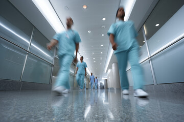 Medical team walking down hospital corridor in blurred motion