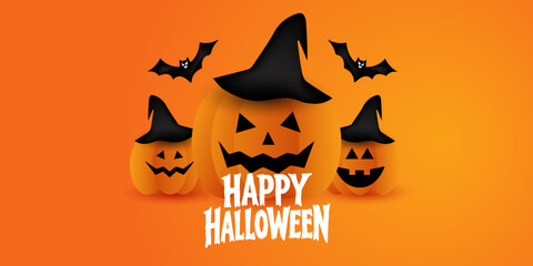 Happy Halloween poster, cards, flayer with yellow, dark blue, purple and orange design, pumpkins smile, tree, bat flying, ghost, spider, banner design on black background, set of Halloween for holday.