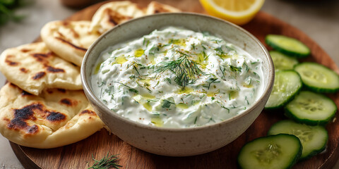 Bowl of tzatziki sauce with pita bread and sliced cucumbers on wooden board