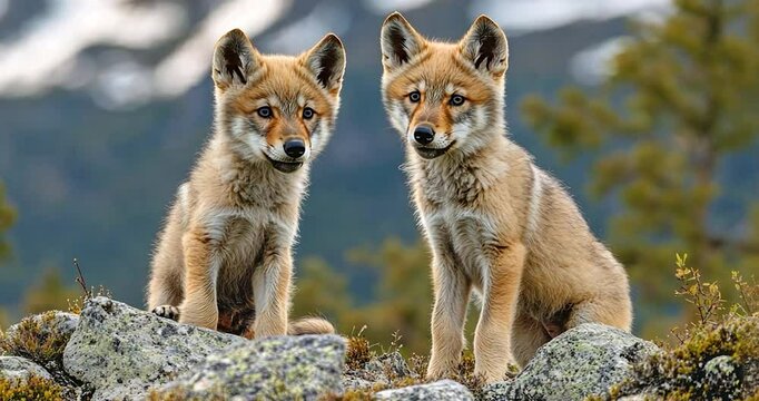 Two adorable wolf pups sitting on rocks in a mountain landscape, looking at each other.