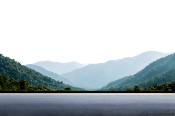 Mountain view from a terrace with a concrete floor overlooking lush green hills isolated on transparent background