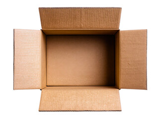 Open cardboard box top view empty package isolated on transparent background