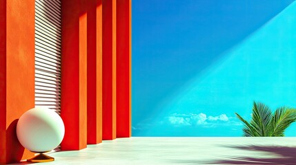 Summer Minimalist Architecture: Orange Walls, White Sphere, and Tropical View