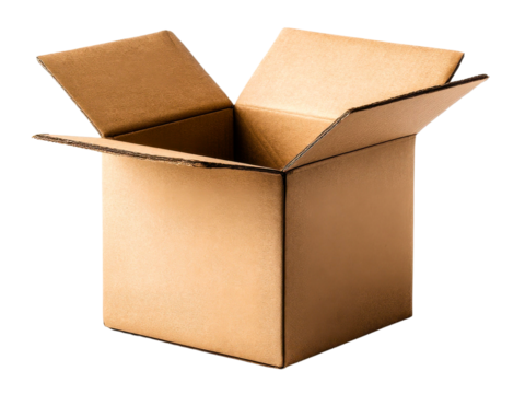 Open cardboard box square shape empty package isolated on transparent background