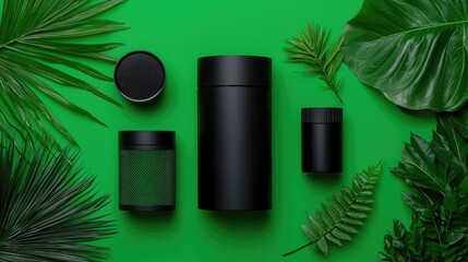 Black Speakers and Containers on Green Background with Tropical Leaves