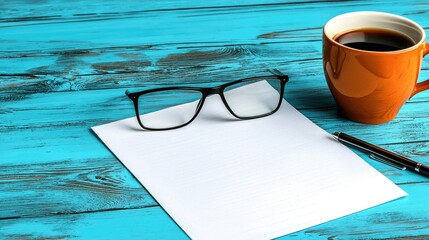 Workspace Setup: Coffee, Paper, Glasses, and Pen on Turquoise Wooden Table