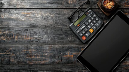 Dark Wooden Desk with Calculator, Tablet, and Eyeglasses