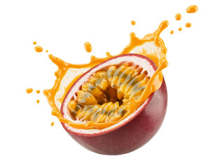Fresh passion fruit juice splashing vibrant tropical image red on transparent background