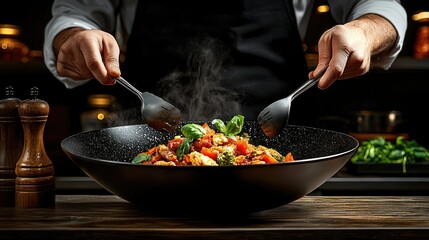 Chef preparing delicious steaming stir-fry in a wok