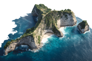 Aerial view of stunning coastline with steep cliffs, turquoise water, and sandy beach isolated on transparent background