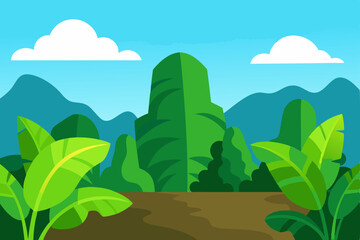 Obraz premium Lush Tropical Landscape Vibrant Green Mountains and Banana Leaves