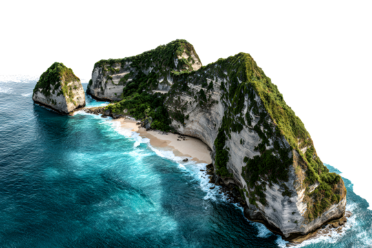 Aerial view of stunning coastline with steep cliffs, turquoise water, and sandy beach isolated on transparent background