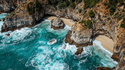 Coastal Symphony -  A breathtaking aerial view of a coastal landscape, where turquoise waters crash against rugged rock formations, creating a harmonious dance of nature's elements.