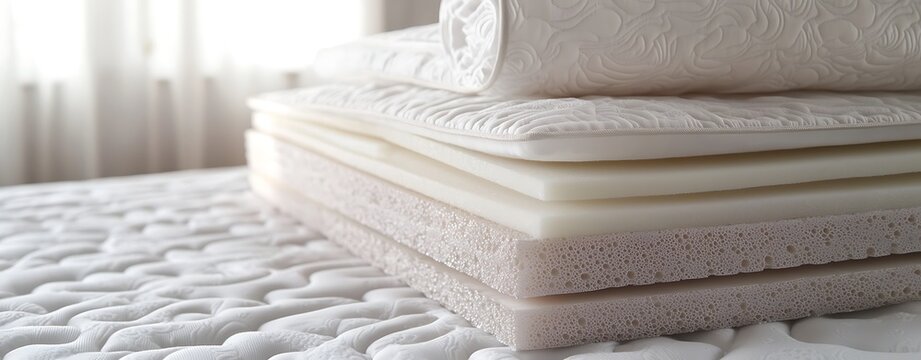Close-up of layered mattress foam and fabric structure for premium comfort and ergonomic bed design showing foam and quilted layers for enhanced comfort, support, and ergonomic sleep system design - Powered by Adobe