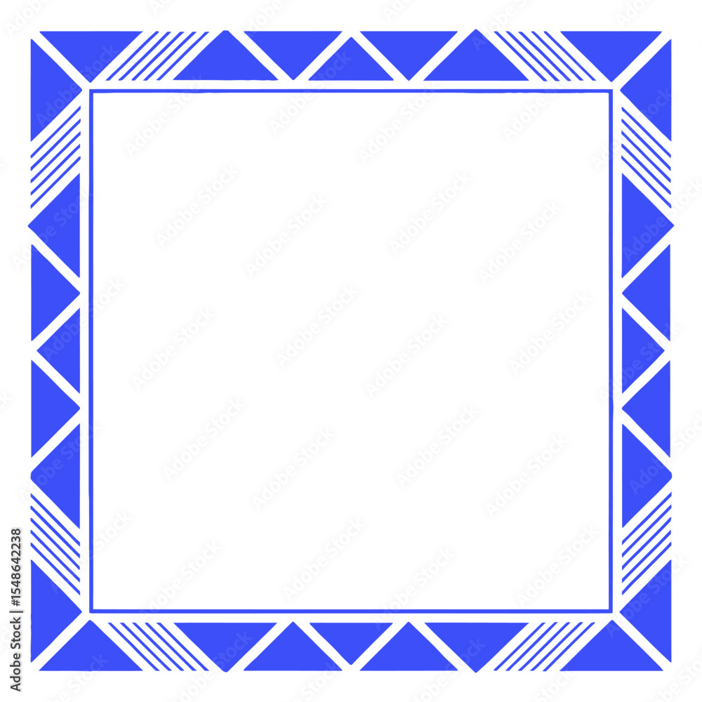 Poster geometric frame: a geometric frame composed of bold blue triangles and lines encloses a central spac