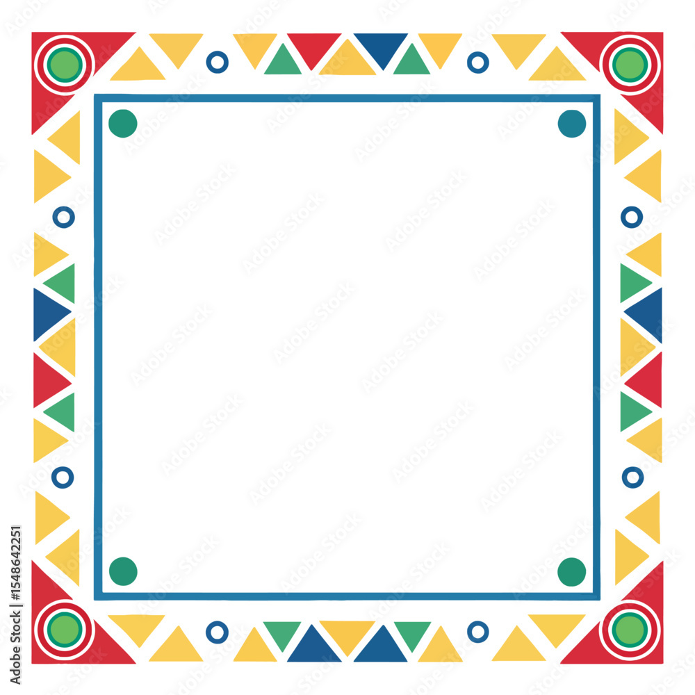 Poster geometric frame: a vibrant and symmetrical composition of colorful triangles, circles, and squares, 
