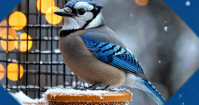 Blue jay perched on bird feeder in snowy winter scene.
