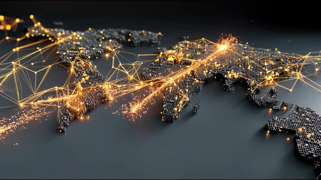 Global map light design, illuminated world map art piece on wall, modern decor highlighting travel and connectivity, copy-space available.