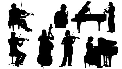 “A collection of outlined black shapes forming musicians with instruments, arranged with visual rhythm and symmetry across a plain white canvas, evoking a formal concert setting.”