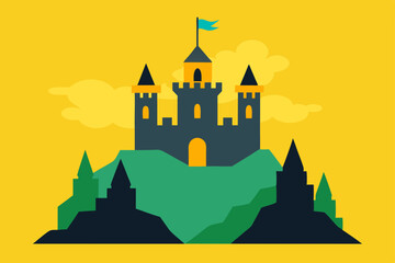 Medieval fortress castle on a hill, a whimsical vector cartoon illustration of a fairytale kingdom with towers and ancient architecture