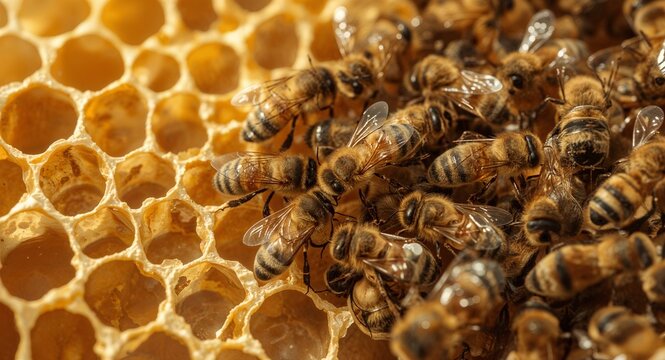 A close up view of a honeycomb filled with bees working together to create honey and maintain the hive