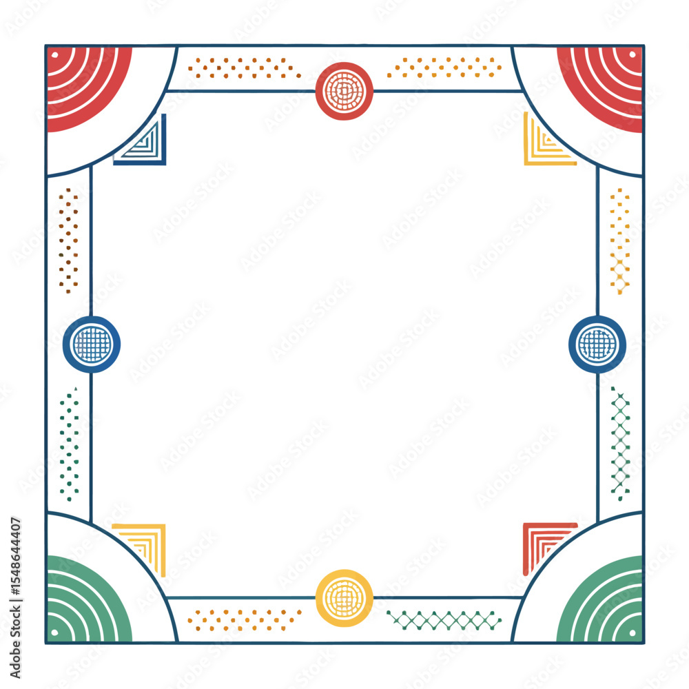 Poster geometric frame design: a vibrant, colorful square frame showcases an array of geometric shapes and 
