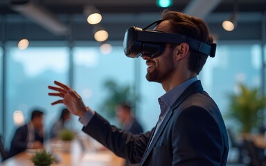 Businessman wearing vr headset interacting with virtual reality in modern office space, exploring metaverse. High quality