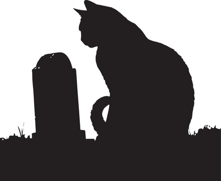 Silhouette of a quiet cat sitting beside a small grave, symbolizing emotional loyalty, memory, and silent mourning in animals