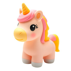 Naklejka premium Rubber unicorn with a pink mane and yellow horn isolated on white or transparent background