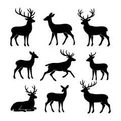 Collection of deer silhouettes in various poses, including standing, running, and lying down.
