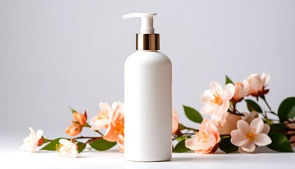 White cosmetic bottle with gold pump surrounded by peach flowers on white.