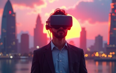 Exploring Metaverse: A Man in VR Headset Witnesses a Futuristic Cityscape at Sunset. High quality