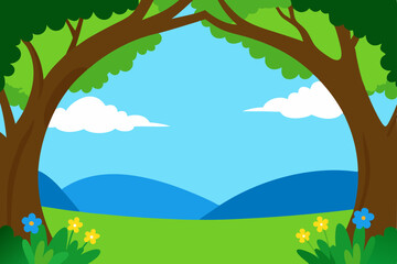 A vibrant cartoon summer and spring nature landscape with trees, flowers, green grass, and a clear sky, perfect for an environmental view