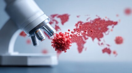 realistic coronavirus under microscope floating above global map, scientific outbreak background