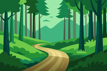Obraz premium A winding road through a green forest landscape under a summer sky