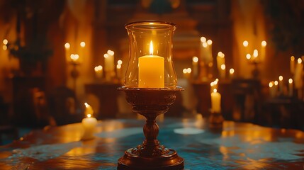 A large burning candle sits inside a decorative glass lantern