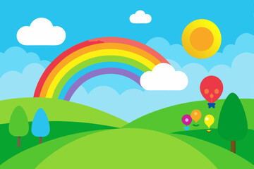 Fototapeta premium A vibrant rainbow arches over a summer meadow with green grass and trees under a cloudy sky